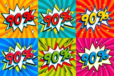 Satılık ayarlayın. Satılık doksan yüzde 90 etiketleri bir çizgi roman tarzı üzerinde şekil arka plan bang. Pop art comic indirim promosyonu afiş. Mevsimlik indirimler, siyah Cuma cyber Pazartesi.