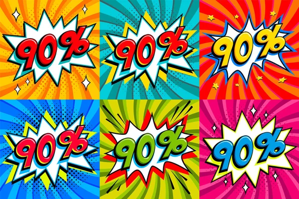 Prodej sada. Prodej devadesát procent 90 off značky na komiks stylu muziky obrazec pozadí. Pop-art komické sleva propagační bannery. Sezónní slevy, Black Friday, cyber pondělí. — Stockový vektor