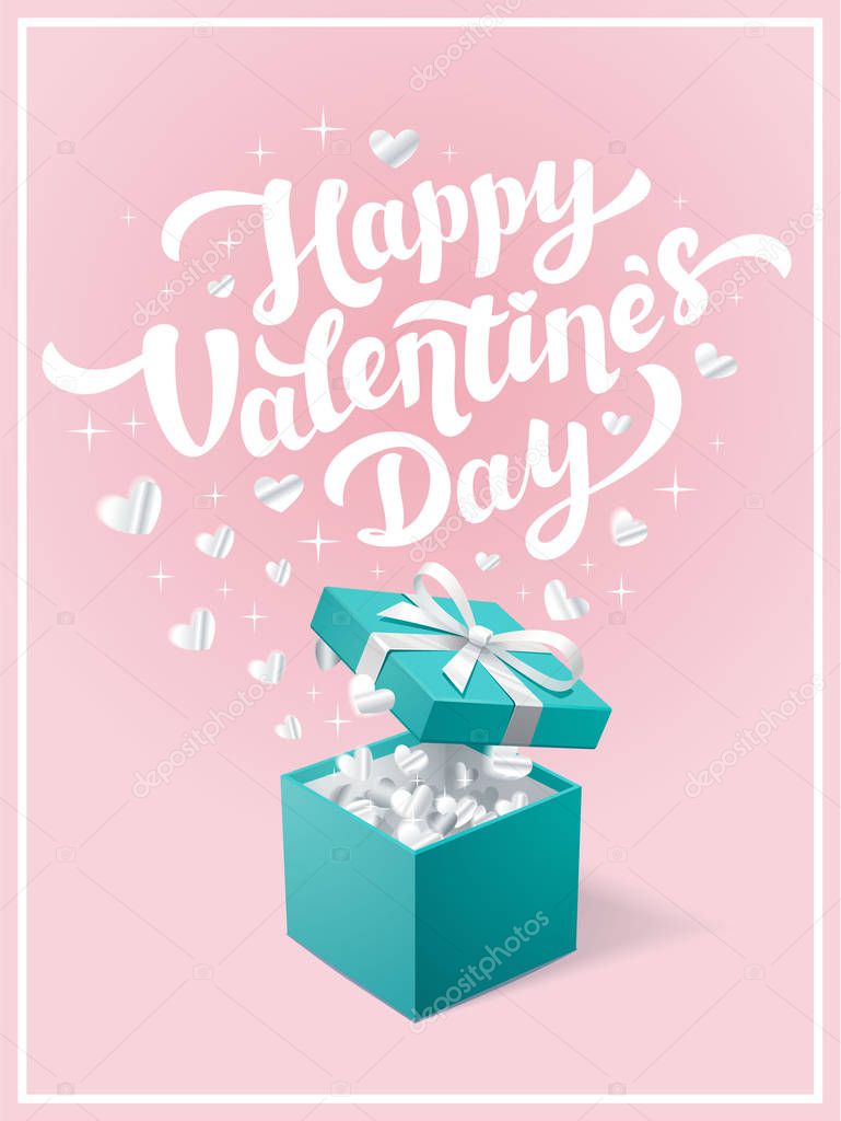 Valentines Day greeting card. Happy Valentines day text and Gift box in Robin egg blue color with silver confetti hearts on pink background.