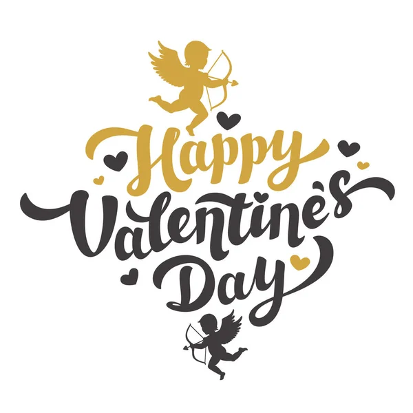 큐 피드 실루엣의 이미지와 함께 발렌타인 데이 카드. 해피 발렌타인 글자입니다. 2 월 인사말 카드 14 하트와 흰색 바탕에 천사 검정색과 금색 비문. — 스톡 벡터