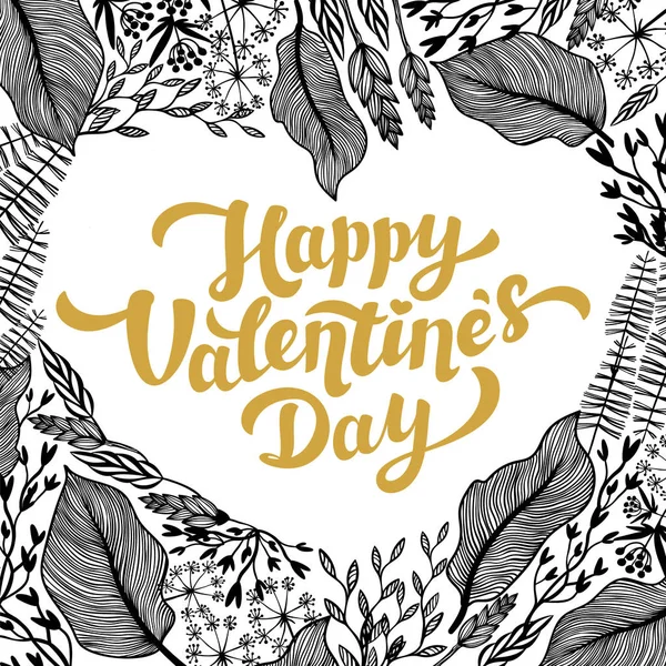 Diseño de tarjetas de San Valentín. Golden Lettering y forma de corazón Marco de flores . — Vector de stock
