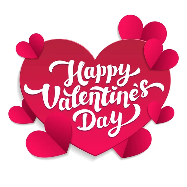 Carta tagliata di carta di San Valentino. Il 14 febbraio. Buon San Valentino Lettering con cuori di carta rosa tagliati su sfondo bianco . — Vettoriale Stock