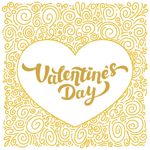 Feliz día de San Valentín lámina de oro Inscripción y rizos patrón. 14 de febrero tarjeta de felicitación sobre fondo blanco . — Vector de stock