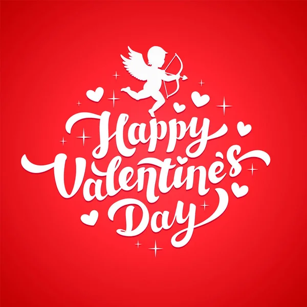 Biglietto di San Valentino con silhouette e cuori Cupidi. Buon San Valentino Lettering. 14 febbraio biglietto di auguri. Iscrizione bianca con cuori e angelo su sfondo rosso . — Vettoriale Stock