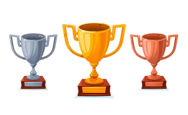 Gouden, zilveren en bronzen trofee cup in sartoon stijl. Winnaar cups geïsoleerd op een witte achtergrond 1e, 2e, 3e plaats. — Stockvector