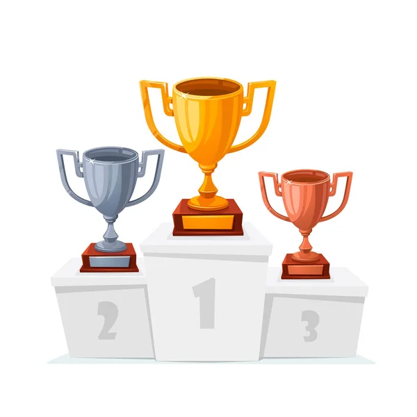 Gold, silver, bronze trophy cups. Winner goblet on podium. Cartoon style trophy cups on white pedestal isolated.. 1st, 2st, 3st place. Handing awards to winner. — Stock Vector