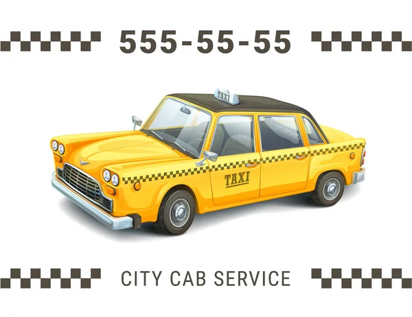 Diseño de servicio de taxi. Ilustración detallada de coche taxi amarillo sobre fondo blanco. Banner, póster tarjeta de visita o folleto . — Vector de stock