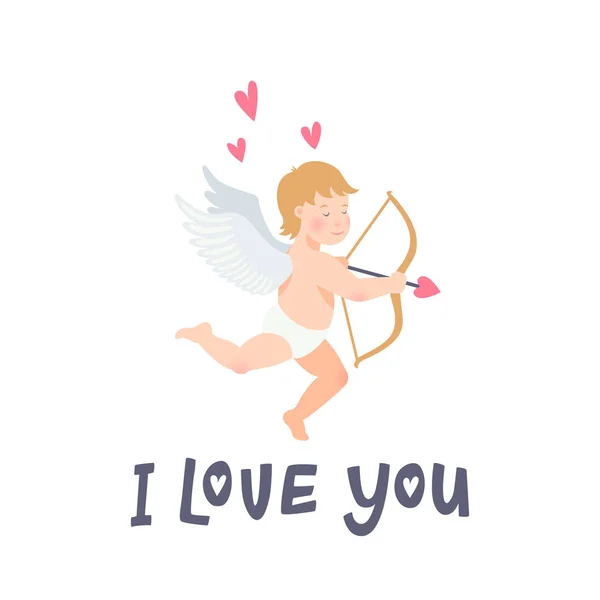 Tarjeta de felicitación del día de San Valentín con divertido cupido con arco y flecha. Me encanta tu inscripción y Angel o Amour sobre fondo blanco . — Archivo Imágenes Vectoriales