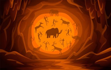 Cave with cave drawings. Cartoon mountain scene background Primitive cave paintings. ancient petroglyphs. clipart