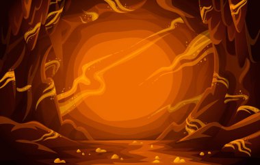 Treasury cave. Goldmine. Cave with gold. Cartoon mountain scene background. clipart