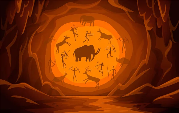 Höhle mit Höhlenzeichnungen. Cartoon-Bergszene Hintergrund primitive Höhlenmalereien. Uralte Felszeichnungen. — Stockvektor
