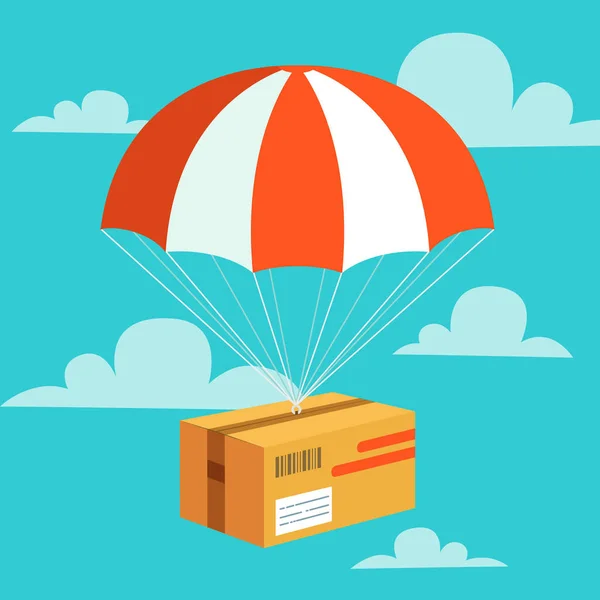 Teslim hizmet anlayışı. Düz tasarım vektör çizim paket paraşüt ile renkli. Hızlı Teslimat Servisi, koli teslimat, ücretsiz kargo web afiş şablon.
