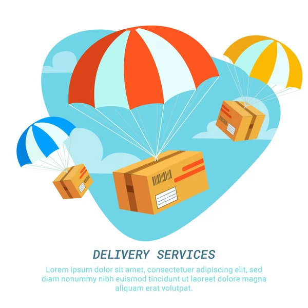 Teslim hizmet anlayışı. Düz tasarım vektör çizim paket paraşüt ile renkli. Hızlı Teslimat Servisi, koli teslimat, ücretsiz kargo web afiş şablon.