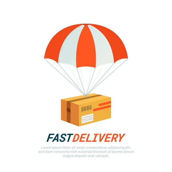 Lieferservice-Konzept. Flaches Design farbige Vektorillustration des Pakets mit Fallschirm. Schneller Lieferservice, Paketzustellung, kostenloser Versand Web-Banner Vorlage. — Stockvektor