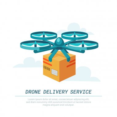 Uçak teslimat hizmeti. Parsel ile uzaktan hava dron. Modern teslimat paketinin quadcopter uçan tarafından. Düz stil kavramı