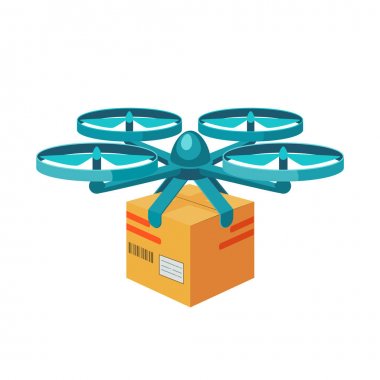 Quadcopter simgesi. Parsel ile uzaktan hava dron. Modern teslimat paketinin quadcopter uçan tarafından. Düz stil kavramı.