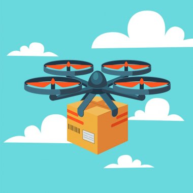 Uçak teslimat hizmeti. Parsel ile uzaktan hava dron. Modern teslimat paketinin quadcopter uçan tarafından. Düz stil kavramı