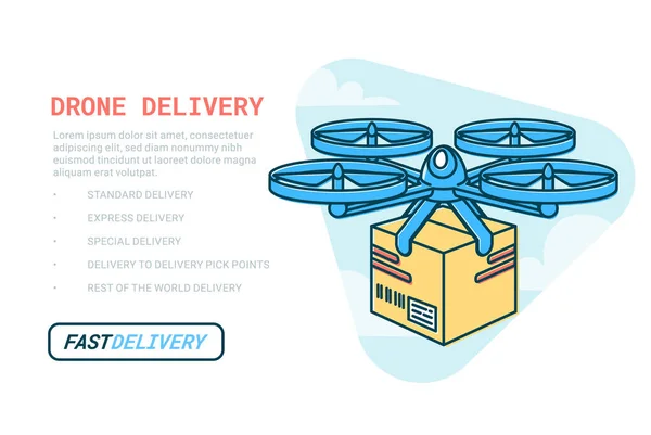 Servizio di consegna droni. Drone ad aria remota con modello di pacchetto web. Consegna moderna del pacco tramite quadricottero volante. Concetto di stile piatto. Quadricottero con scatola . — Vettoriale Stock