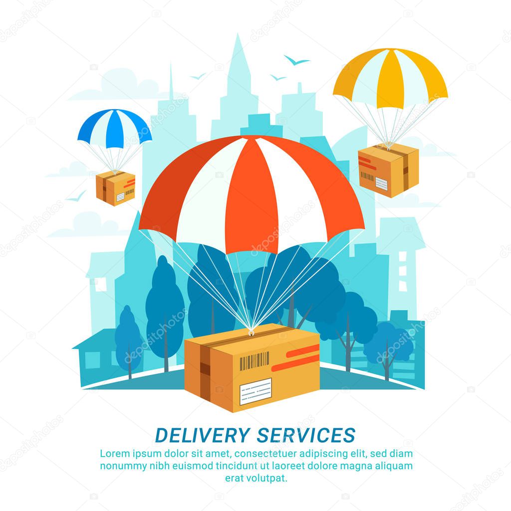 Delivery service concept. Flat design, packages with parachutes on Urban landscape in flat style. Fast Delivery Service, Fast shipping web banners template. Blue city silhouette background.