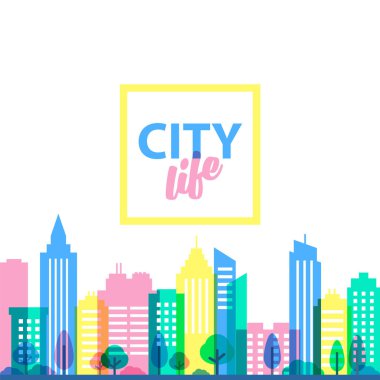 Şehir manzara şablonu. Düz stil illüstrasyon punchy pastel renklerde. Beyaz arka plan üzerinde renkli binalar. Cityscape arka planda pastel renkler. Kentsel yaşam.