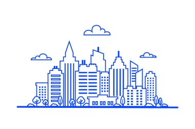 İnce çizgi şehir manzara mavi. Downtown manzara yüksek gökdelenler ile. Panorama mimarisi. Resmi kurum binalar izole anahat illüstrasyon. Şehir manzara şablonu.