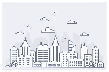 Thin line City landscape. Downtown landscape with high skyscrapers. Panorama architecture City landscape template. Goverment buildings Isolated outline illustration. Urban life clipart