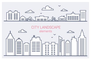 İnce çizgi şehir binaları ayarlayın. Downtown manzara yüksek gökdelenler ile. Panorama yükselen şehir manzara şablonu. Resmi kurum binaları illüstrasyon anahat. Kentsel yaşam öğeleri
