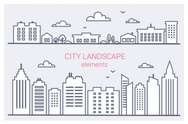 Thin line City buildings set. Downtown landscape with high skyscrapers. Panorama architecture City landscape template. Goverment buildings outline illustration. Urban life elements clipart