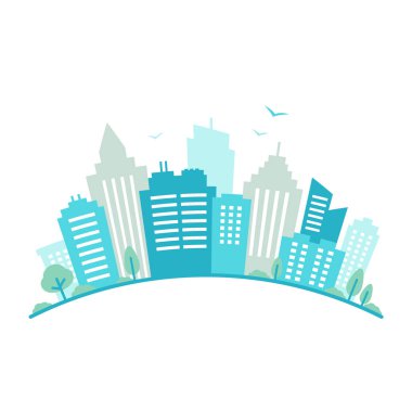 Şehir balıkgözü objektif panorama tarz. Kentsel peyzaj. Mavi şehir silueti manzaralı. Cityscape düz tarzı. Modern yuvarlak şekil şehir manzarası. Cityscape arka planlar.