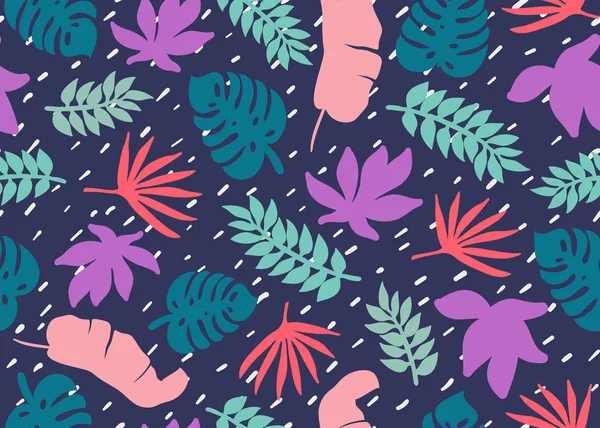 Patrón tropical sin fisuras. Plantas tropicales y hojas de palma en colores coral, verde azulado y azulado. Fondo floral. Impresión de moda para textiles, tela, cubiertas, fondos de pantalla, impresión, envoltura de regalo — Vector de stock