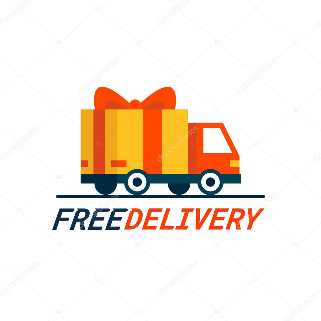 Free delivery concept. Delivery truck with gift box, parcel. Delivery service. Shipping by car or truck. Flat style design truck icon.