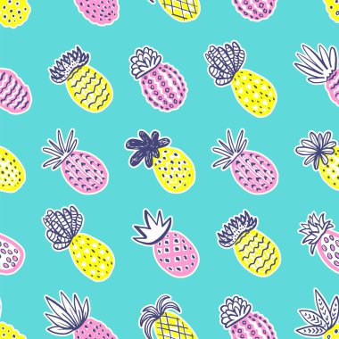 Sorunsuz ananas desen. Mavi deniz mavisi zemin üzerine pastel renklerde farklı dokular ile handdrawn ananas. Egzotik meyve arka plan için moda baskı tekstil kumaş duvar kağıtları wrap kaplar