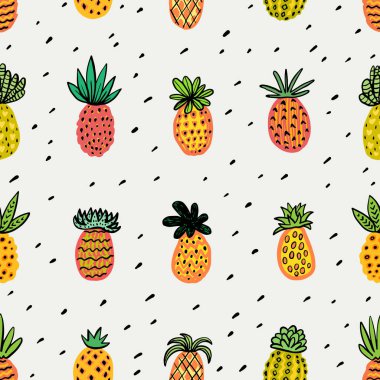 Sorunsuz güneşli ananas desen. Sıcak renkler farklı dokular ile dekoratif ananas. Egzotik meyve arka plan için moda baskı tekstil kumaş duvar kağıtları şal vektör yaz arka plan kaplar
