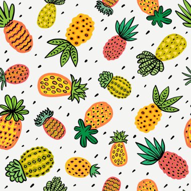 Sorunsuz güneşli ananas desen. Sıcak renkler farklı dokular ile dekoratif ananas. Egzotik meyve arka plan için moda baskı tekstil kumaş duvar kağıtları şal vektör yaz arka plan kaplar