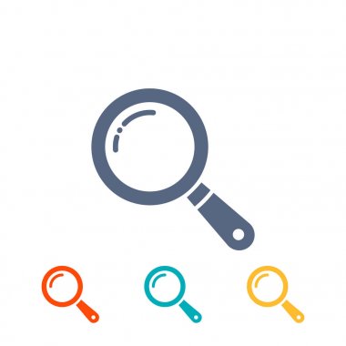 Büyüteç'i simgeler kümesi. düz Büyüteç, arama simgesi, üzerinde beyaz izole sembollerin.