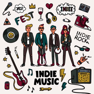 Indie rock müzik seti. Müzisyenlerin tasviri ve gitar, ses yükseltici, rock yazıtları gibi ilgili objeler. Pankart, kart, poster, tişört izi, rozet yaması. Vektör.