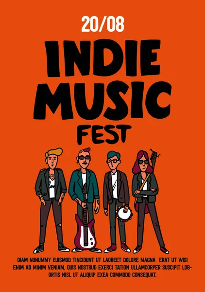 Niezależne plakat festiwalu muzycznego lub szablon ulotki. Ilustracja muzyków i indie rock fest napis na żółtym tle. Szablon na baner, kartkę, plakat. Wektor. — Wektor stockowy