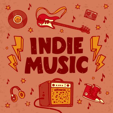 Indie müzik festivali posteri ya da broşür. Gitar, ses yükseltici, indie rock yazıtları gibi müzikle ilgili nesnelerin tasviri. Pankart, kart, poster, el ilanı için şablon. Vektör.