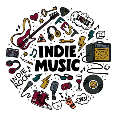 Indie Rock yuvarlak kompozisyonu. Gitar, ses yükseltici, rock yazıtları gibi müzikle ilgili nesnelerin renkleri. Kart, poster, tişört izi, rozet yaması. Vektör.