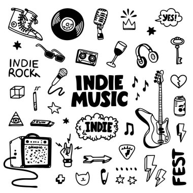 Indie rock müzik seti. Gitar, ses yükseltici, kaya yazıtları gibi müzikle ilgili nesnelerin siyah ve beyaz çizimi. Dövme listesi için şablon, kart, poster, tişört izi, rozet