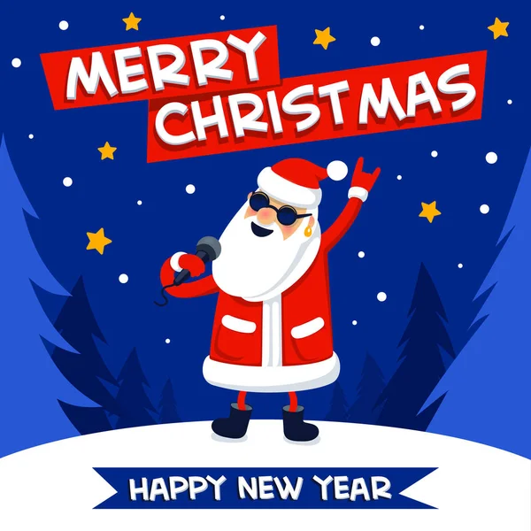 ロック・オン・ロール・サンタ。歌サンタクロース-青いクリスマスの背景に陽気なクリスマスとロックスター。パーティーのためのクリスマスのヒップスターポスター。クリスマスのグリーティングカード。平面図ベクトル図 — ストックベクタ