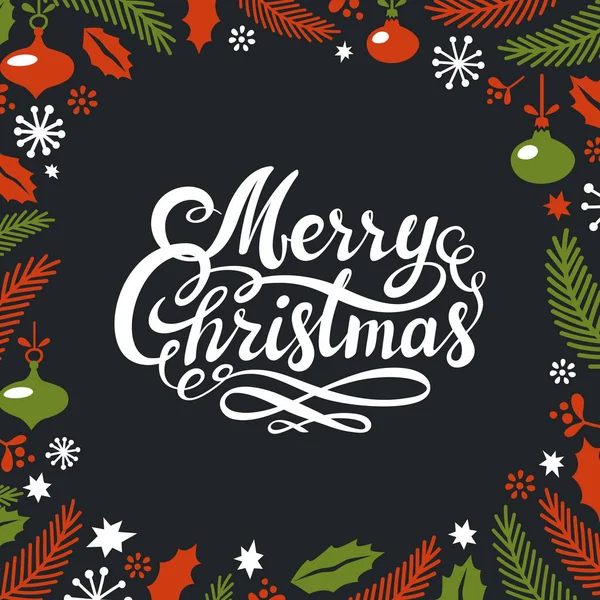 メリークリスマスグリーティングカード。モミ、葉、枝、ボールと暗い背景にメリークリスマスのレタリングを持つクリスマスバナー。フラットスタイルベクトルイラスト — ストックベクタ