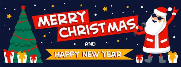 Merry christmas and happy new year greeting. Singing Santa Claus - rock star with merry christmas inscription on dark background. Xmas horizontal banner or cover. Flat style vector illustration.. — ストックベクタ