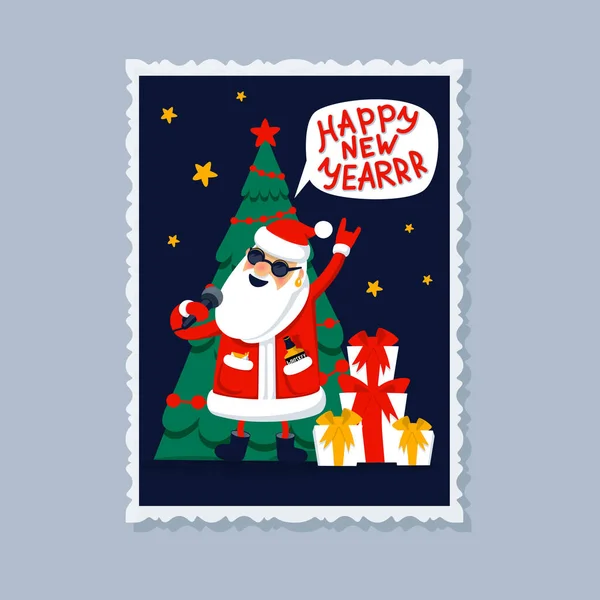 Happy New year greeting card. Singing Santa Claus - rock star with gifts, christmas tree and happy new year inscription on a speech bubble. Xmas greeting card. Flat style vector illustration — ストックベクタ