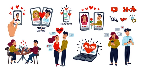 온라인 데이트하기. 데이트 커플, 모바일 앱, 노트북, 젊은 남녀가 핸드폰 앱으로 사랑을 찾고 있습니다. 플랫 스타일 벡터 일러스트. — 스톡 벡터