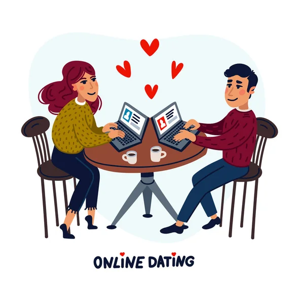 온라인 데이트 개념. 젊은 남녀가 핸드폰 앱으로 사랑을 찾고 있습니다. 플랫 스타일 벡터 일러스트. — 스톡 벡터