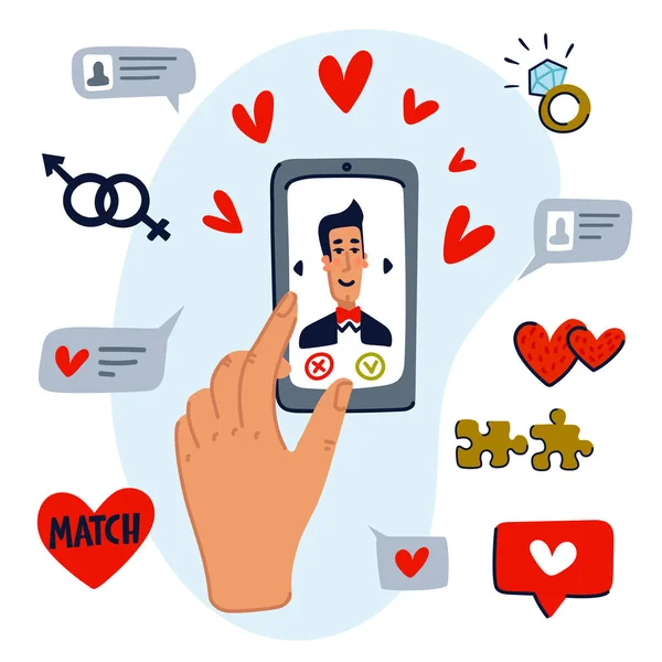 En ligne sortir ensemble concept. Jeune homme et femme à la recherche d'amour avec une application de téléphone mobile. Illustration vectorielle de style plat — Image vectorielle