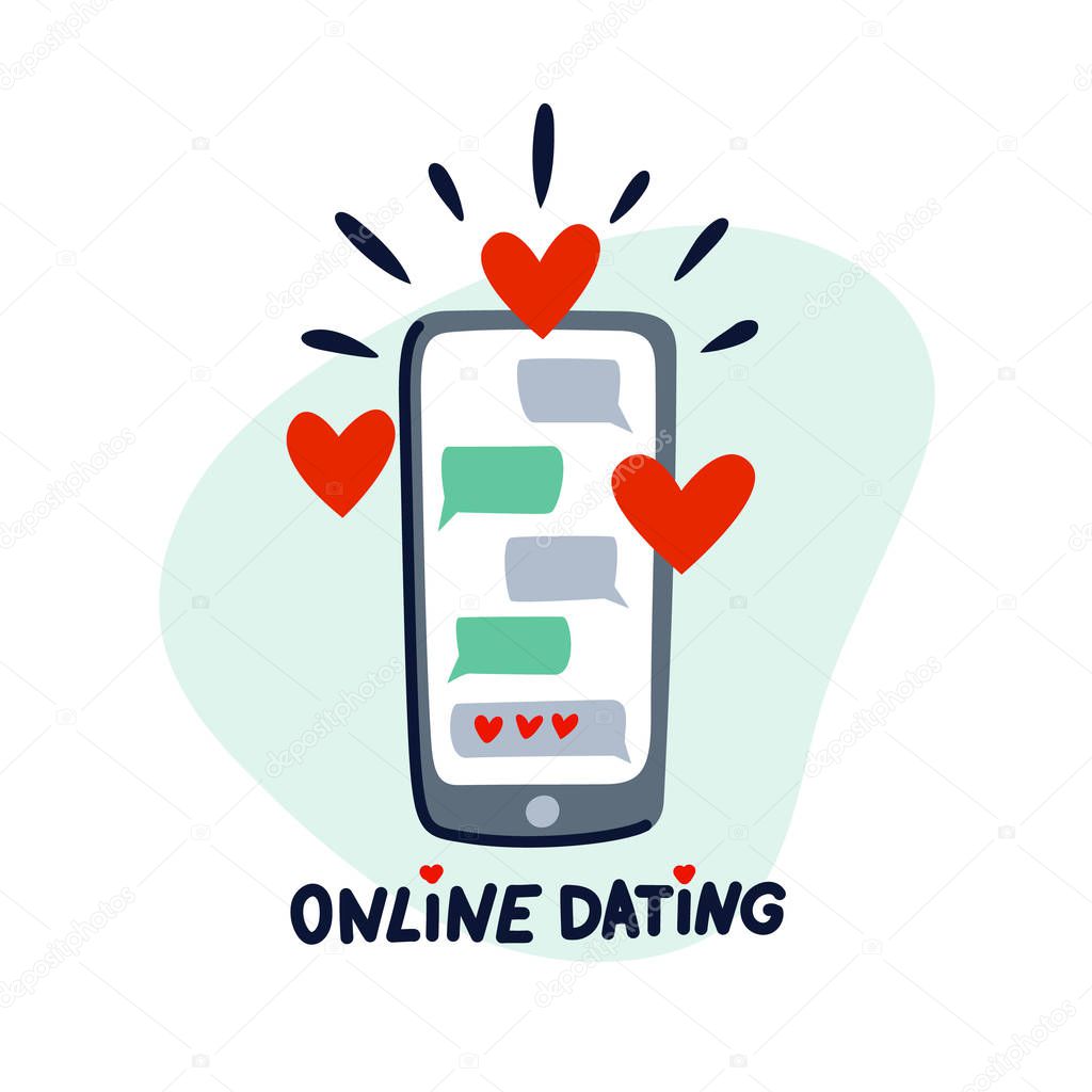 Online dating concept. Dating application logo, mobile phone with chat and hearts. Flat style vector illustration