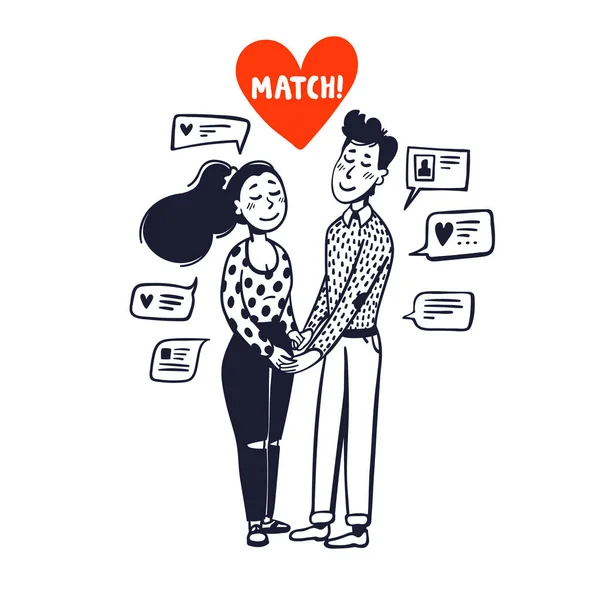 Online dating concept. Girl and boy holding hands surrounded by chat messages. Doodle style vector illustration. — 스톡 벡터