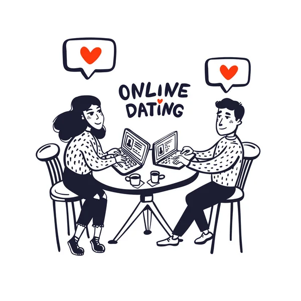 Online dating concept. Happy couple sitting in a cafe with laptops. Young man and woman searching for love with an online application. Doodle style vector illustration. — Stock Vector